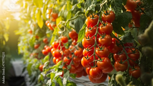 A lush greenhouse filled with ripe tomatoes. The sunlight filters through the leaves, casting a warm glow over the vibrant red tomatoes hanging from their stems.