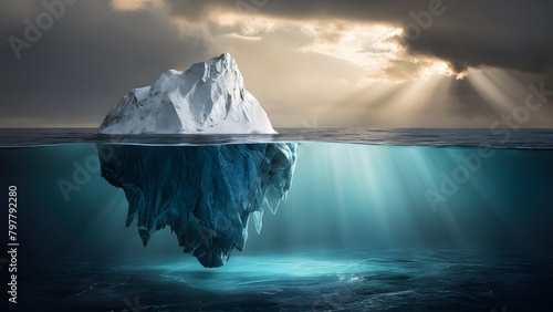 An iceberg floating in the ocean. The upper portion of the iceberg is submerged underwater, revealing its jagged and intricate underwater structure.