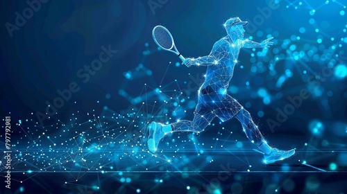 technology in tennis sports, digital blue low poly tennis player with glowing data streams, ai in sports analytics, player performance tracking systems, training programs for tennis athletes. 