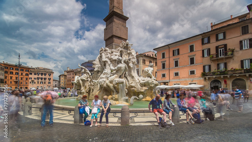 Piazza Navona, the fountain of four rivers timelapse hyperlapse designed by G.L.Bernini.