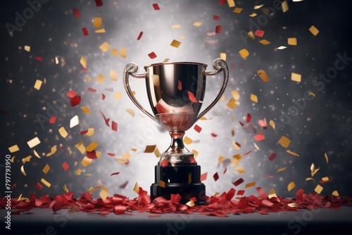 Trophy cup with confetti and red ribbons on dark background. 3D illustration. 