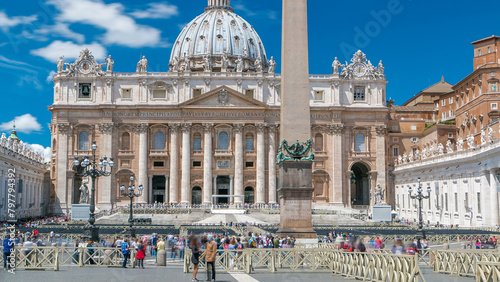 St. Peter's Square full of tourists with St. Peter's Basilica and the Egyptian obelisk within the Vatican City timelapse