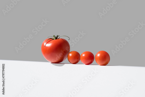 Tomates maduros frescos variados sobre un soporte blanco y fondo gris 