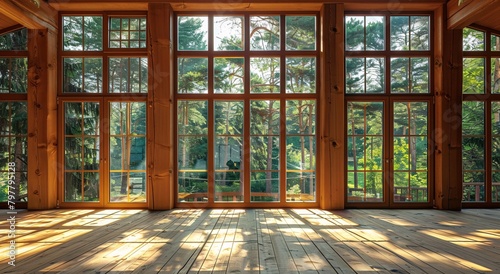 a room with large windows and wood floors