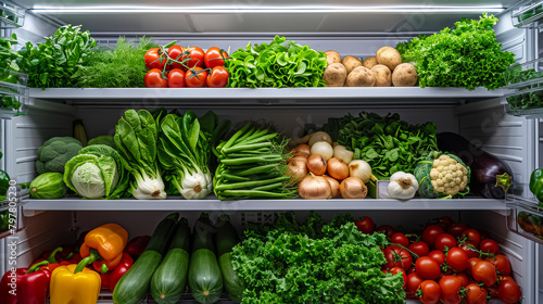 vegetables on cold storage shelves in a grocery market 