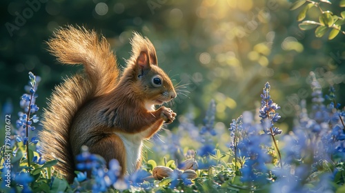 A red squirrel perches on a meadow with a nut in its paws. The squirrel has fluffy fur and a bushy tail. The meadow is covered in blue wildflowers.