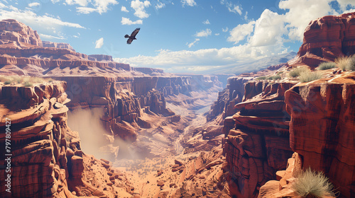 A panoramic view of a rugged desert canyon with towering red sandstone cliffs carved by millennia of wind and water. A lone eagle soars overhead, searching for prey, Generative AI