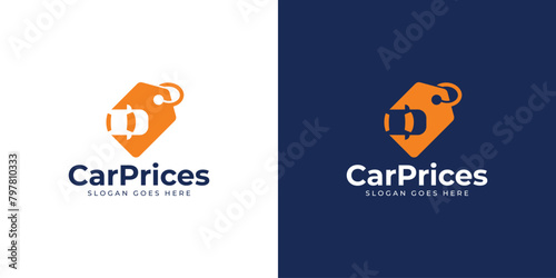 Simple Car Prices Logo. Car and Price Tag with Minimalist Style. Buy and Sell CarLogo Icon Symbol Vector Design Inspiration.