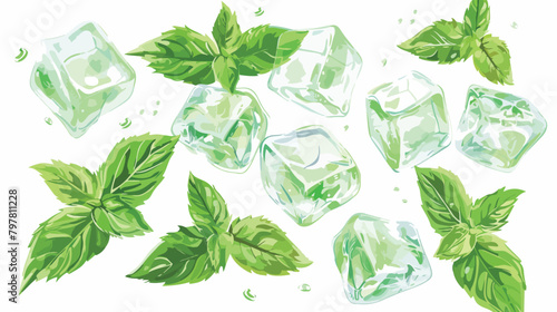 Fresh mint leaves with ice cubes on white background