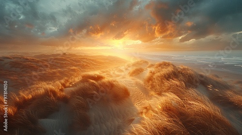 Sunrise on textured coastal dunes, birdseye ethereal light , hyper detailed