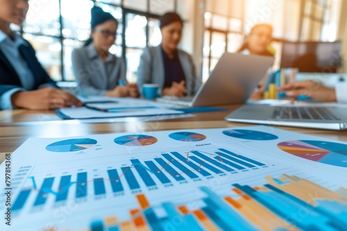 A group of young businesspeople gathered around an office table, discussing and analyzing financial data on graphs during a team meeting.