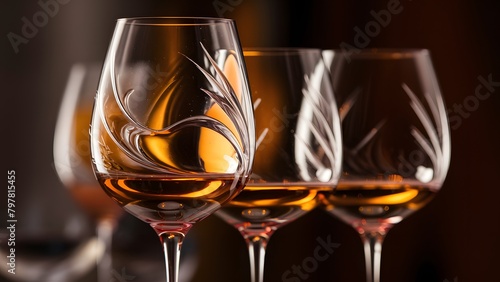 A close-up view of three wine glasses filled with a golden-hued liquid, possibly sherry or amber wine. The glasses are aligned in a row, with the foremost glass being the most prominent