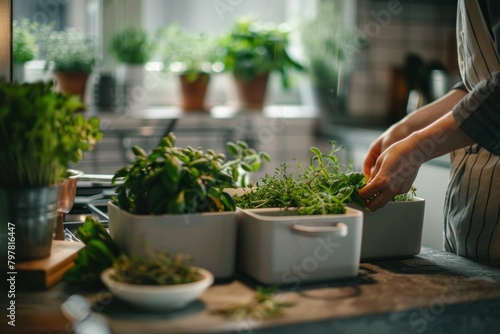 Woman in apron preparing herbs on kitchen counter with pots and pans in background