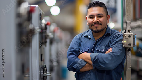 Happy Hispanic male engineer leaning on a machine with arms folded and chuckling while staring at the camera in a factory during a routine check. 