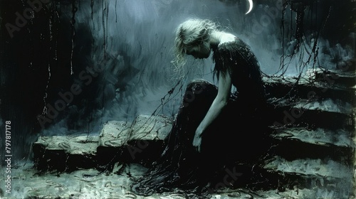 A dark figure sits on the edge of a stone structure, possibly a fountain or a well. The figure is wearing a black dress and has long black hair. The background is dark and murky, with a crescent moon