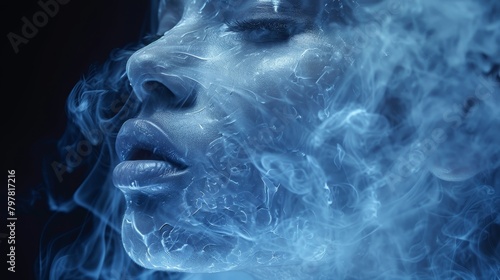 A dark-skinned woman with glowing blue veins and smoke coming out of her mouth and nose