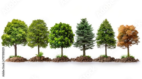 A row of trees of different types and sizes, planted in a line, on a white background.