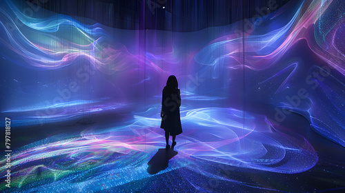 In an immersive exhibition space. digital projections of flowing light and glowing particles form intricate patterns on the ground in shades of blue purple pink and green