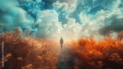 A silhouette of a person stands at the end of a path surrounded by tall wild grasses, bathed in a warm, golden light. The sky above is a vibrant canvas of blues and orange, with dramatic and fluffy wh