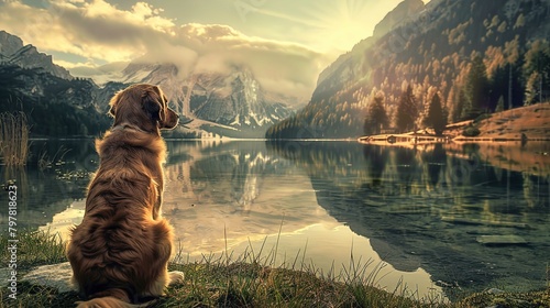 A brown dog with a shiny coat is sitting by the edge of a tranquil, clear lake, gazing across the water towards a small wooden bridge in the distance. The reflection of the surrounding mountains, illu