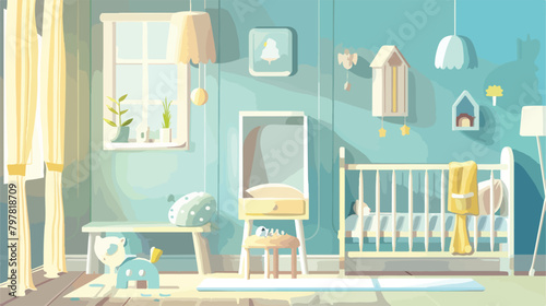 Interior of light childrens bedroom with baby crib 