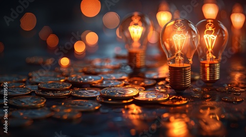 Light bulbs on a pile of money with a dark background