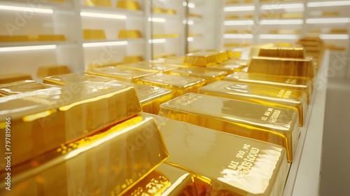 Gold bars lined up in a large white room. rows of golden bars. Generative Ai
