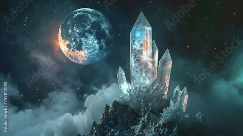 The white crystals on the rocky slopes glowed in the dark with a full moon. Generative Ai