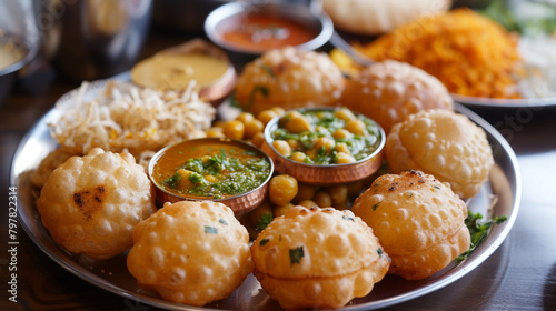 A platter of lip-smacking gol gappas, with crispy hollow puris filled with spiced tamarind water, potatoes, and chickpeas, topped with tangy and sweet chutneys.