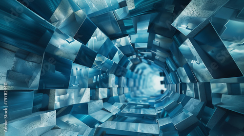 A blue tunnel made of blocks. The tunnel is long and narrow. The blocks are of different sizes and shapes