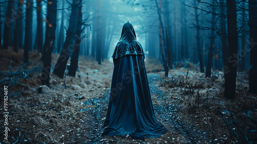 Art Mysterious woman ghost lady. blue dress cape hood.