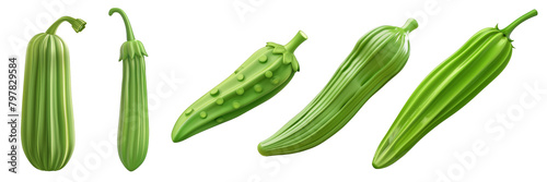 PNG okra 3d icons and objects collection, in cartoon style minimal on transparent, white background, isolate