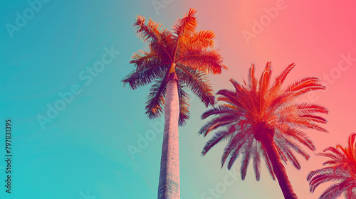 Colorful background with palm trees, summer concept. Retro color gradient in the style of various artists