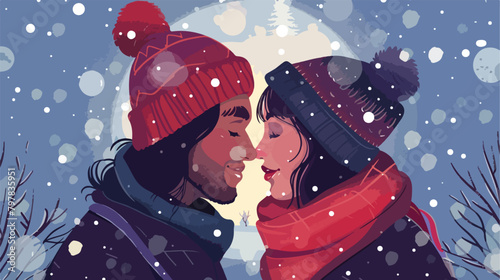 Loving couple touching noses on snowy winter day vector