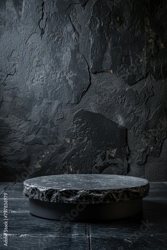 Luxury organic mockup with dark rock shape podium. Round rough stone pedestal. Empty base for product promotion