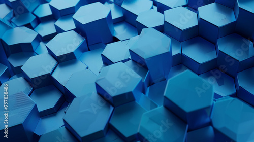 A blue background with a pattern of hexagons. The hexagons are all different sizes and are arranged in a way that creates a sense of depth and texture. Scene is one of modernity and sophistication
