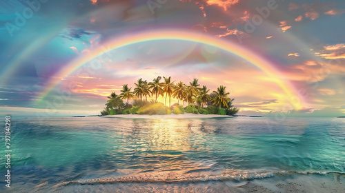 Tropical island with unspoiled beach and tall coconut palm trees - fabulous summer sky with rainbow and calm ocean waves.