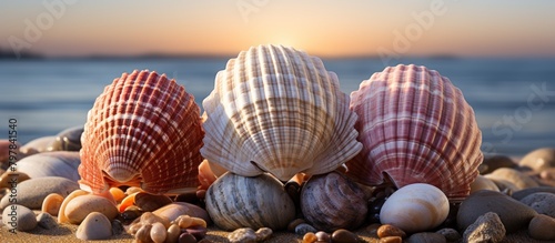 Seashells on the beach at sunset. Nature background.