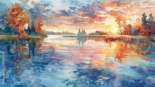 watercolor painting of a lake at sunset