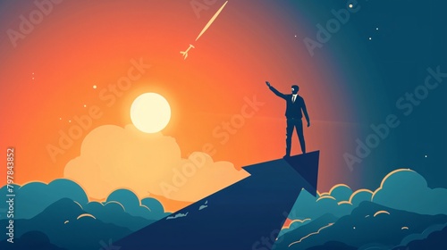 Businessman Aiming High at Sunset