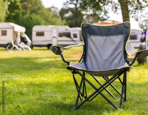 Close-up of a folding chair on a meadow at a campsite. Blurred background of caravans.