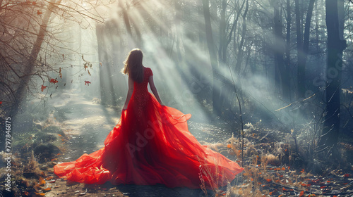 Attractive girl in red dress. Walk fairy cold blue 