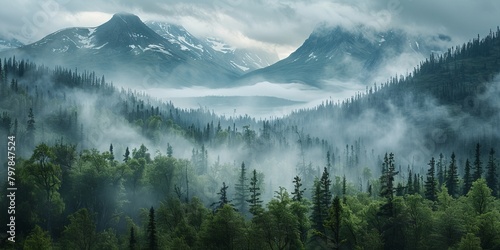 Misty forest landscape in Alaska