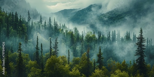 Misty forest landscape in Alaska
