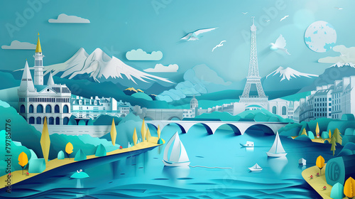 An illustration in the style of paper-cut of paris cityscape by river seine