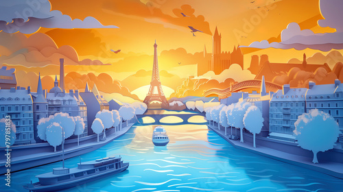 An illustration in the style of paper-cut of paris cityscape by river seine at sunset