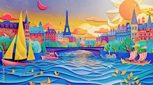 Illustration in the style of paper-cut of cityscape of paris seine river