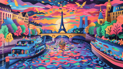 Textured illustration in the style of vector of cityscape of paris seine river at sunset