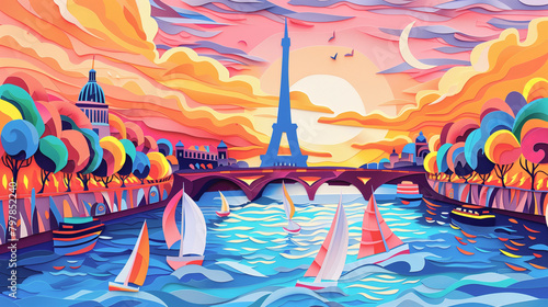 Illustration in the style of paper-cut of cityscape of paris seine river 