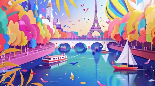 Illustration in the style of vector of cityscape of paris seine river 